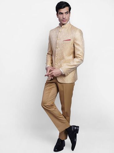 WINTAGE Men's Banarasi Rayon Cotton Festive and Casual Bandhgala Jodhpuri Blazer : Beige1 in Kuwait