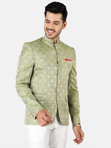 WINTAGE Men's Banarasi Rayon Cotton Festive and Casual Bandhgala Jodhpuri Blazer : Beige1 in Kuwait