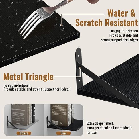 أرفف سوداء عميقة عائمة للجدار ، 16 "W × 12" د الجدران الخشبية مجموعة من 2 ، رف الكتب أرفف معلقة على حائط لغرفة المعيش in Kuwait