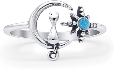 OMRANII Minimalist 11.5mm Round Lab Created Opal Cat On Moon & Star Ring Oxidized Vintage Style Adjustable Statement Rings For Women 925 Sterling Silver Gift For Her in Kuwait