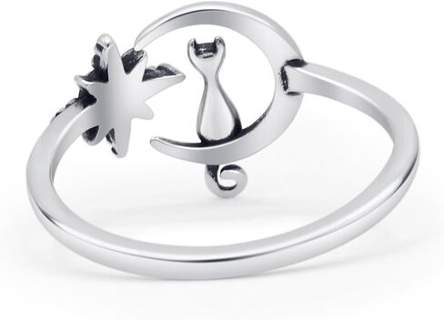 OMRANII Minimalist 11.5mm Round Lab Created Opal Cat On Moon & Star Ring Oxidized Vintage Style Adjustable Statement Rings For Women 925 Sterling Silver Gift For Her in Kuwait