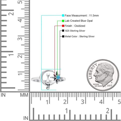 OMRANII Minimalist 11.5mm Round Lab Created Opal Cat On Moon & Star Ring Oxidized Vintage Style Adjustable Statement Rings For Women 925 Sterling Silver Gift For Her in Kuwait