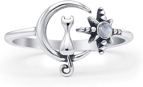 OMRANII Minimalist 11.5mm Round Lab Created Opal Cat On Moon & Star Ring Oxidized Vintage Style Adjustable Statement Rings For Women 925 Sterling Silver Gift For Her in Kuwait