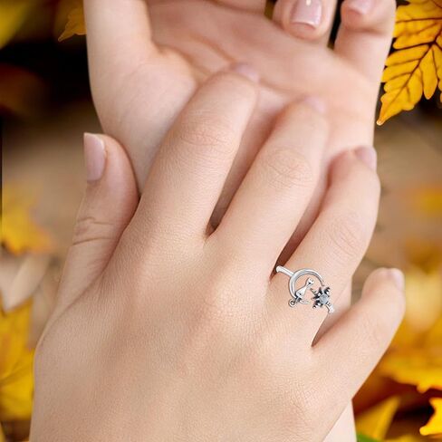 OMRANII Minimalist 11.5mm Round Lab Created Opal Cat On Moon & Star Ring Oxidized Vintage Style Adjustable Statement Rings For Women 925 Sterling Silver Gift For Her in Kuwait