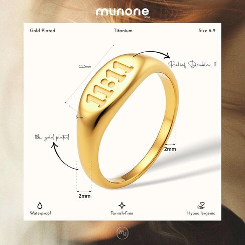 6mm 14K Gold Plated 1111 Angel Number Signet Rings for Women,Hypoallergenic Titanium Statement Ring,Sync with the Universe Spiritual Statement Band in Kuwait