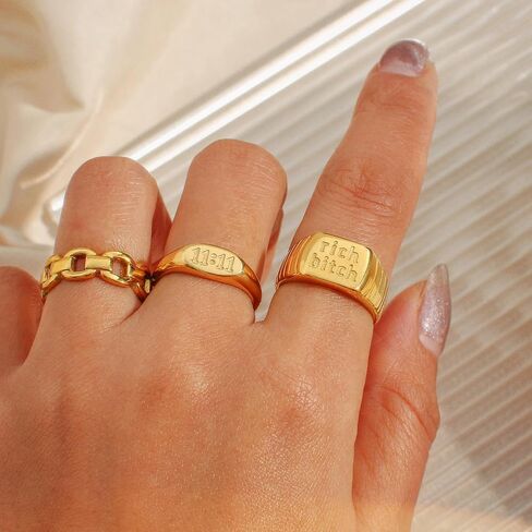6mm 14K Gold Plated 1111 Angel Number Signet Rings for Women,Hypoallergenic Titanium Statement Ring,Sync with the Universe Spiritual Statement Band in Kuwait
