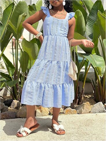Girl's Ruffled Cami Dress Y2k Tiered Bow Back Cut Out High Waist A Line Flowy Midi Dresses in Kuwait