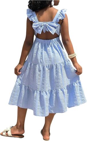 Girl's Ruffled Cami Dress Y2k Tiered Bow Back Cut Out High Waist A Line Flowy Midi Dresses in Kuwait