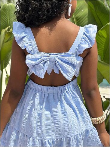 Girl's Ruffled Cami Dress Y2k Tiered Bow Back Cut Out High Waist A Line Flowy Midi Dresses in Kuwait