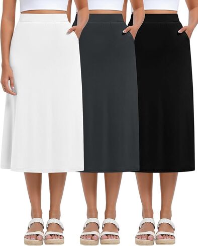 Huukaey 3 Pack Midi تنانير للنساء الصيف مع جيوب خط اندلعت خصر عالي الخصر الطويل الأنبوب غير الرسمي (أسود ، رمادي داكن ، أبيض ، كبير) in Saudi Arabia