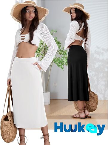 Huukaey 3 Pack Midi تنانير للنساء الصيف مع جيوب خط اندلعت خصر عالي الخصر الطويل الأنبوب غير الرسمي (أسود ، رمادي داكن ، أبيض ، كبير) in Saudi Arabia
