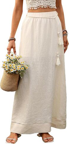 Women's Pure Linen Maxi Skirt with Tassel Belt 100% Linen A Line Wrap Skirts in Kuwait