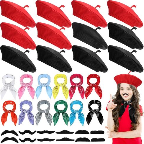36 Pcs French Berets Set Colorful Neck Scarf Novelty Fake Mustaches for Women Kids Paris Themed Party Decor Halloween Party Artist Cosplay Set Vintage Black Beret in Saudi Arabia