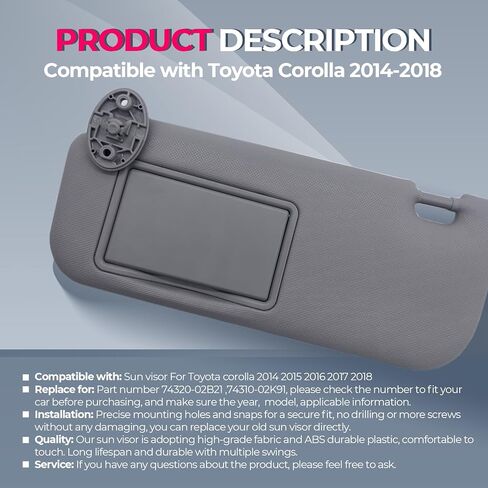 Left Driver Side Sun Visor متوافق مع Toyota Corolla 2014 2015 2015 2017 2018 استبدال Sun Shade Gray (جانب السائق الأيسر الرمادي) in Kuwait