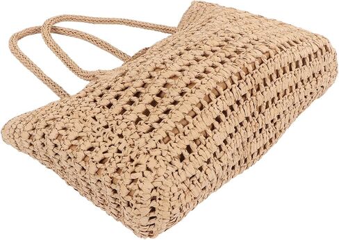 Woven Straw Large Bag, Vintage Hollow Out Double Handle Zipper Inner Pocket Straw Shoulder Bag (Coffee Color) in Saudi Arabia