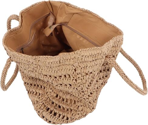 Woven Straw Large Bag, Vintage Hollow Out Double Handle Zipper Inner Pocket Straw Shoulder Bag (Coffee Color) in Saudi Arabia