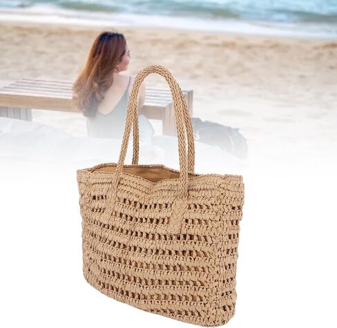 Woven Straw Large Bag, Vintage Hollow Out Double Handle Zipper Inner Pocket Straw Shoulder Bag (Coffee Color) in Saudi Arabia