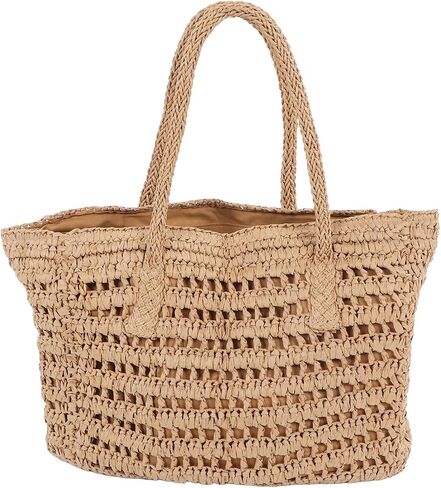 Woven Straw Large Bag, Vintage Hollow Out Double Handle Zipper Inner Pocket Straw Shoulder Bag (Coffee Color) in Saudi Arabia