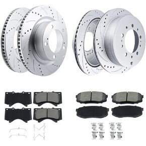 Disc Brake Pads And Rotors Kit, Drilled and Slotted Geomet-Coated Brake Rotors And Ceramic Pads, For Toyota Tundra 2007-21, 2008-22 Sequoia, 2016-21 Land Cruiser, 2016-21 Lexus LX570 (FRONT+REAR) in Saudi Arabia