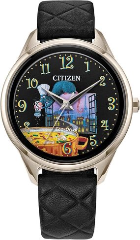 Citizen Women's Eco-Drive Pixar Ratatouille Rose Gold Stainless Steel Watch مع حزام جلدي أسود مبطن (نموذج: FE7103-04W) in Saudi Arabia