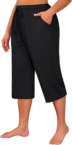 Huukeay 3 Pack Women's Plus Size Capris, Drawstring Cotton Yoga Capri Sweatpants Summer Casual Loose Cropped Pant with Pocket in Saudi Arabia