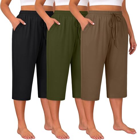 Huukeay 3 Pack Women's Plus Size Capris, Drawstring Cotton Yoga Capri Sweatpants Summer Casual Loose Cropped Pant with Pocket in Saudi Arabia