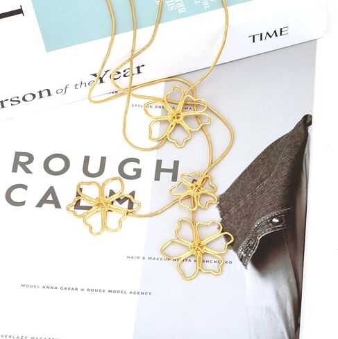Muloo Vintage Long Metal Chain Flower Pendant Necklace Fashion Luxury Style Overlapping Flower Collar Neck Chain for Women Necklace Gold in Saudi Arabia