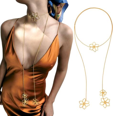 Muloo Vintage Long Metal Chain Flower Pendant Necklace Fashion Luxury Style Overlapping Flower Collar Neck Chain for Women Necklace Gold in Saudi Arabia