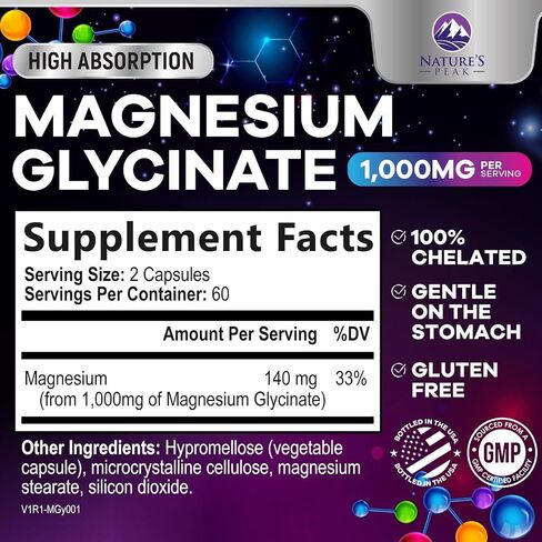 Magnesium Glycinate Supplement Pure 1000 mg Chelated for Max Absorption - Supports Bone, Muscle, Nerve & Heart Health, Sleep Support - Best Magnesium Pills for Whole Body Support - 120 Capsules in Kuwait