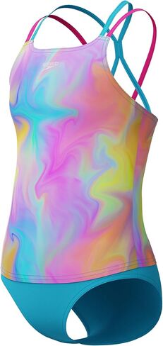 بدلة سباحة Speedo Girls Racerback Sport Splice قطعة واحدة (الولايات المتحدة، ألفا، صغير، عادي، أزرق بحري تركي/أخضر فاتح نيون) in Saudi Arabia