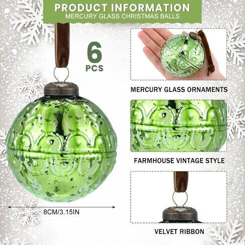 Threan 6 Pcs Large Vintage Mercury Glass Christmas Ornaments 3.15" Hanging Christmas Ball Ornaments Antique Embossed Ball Decorations for Xmas Tree Garland Wreath Holiday Decor(Gold,Etched) in Saudi Arabia