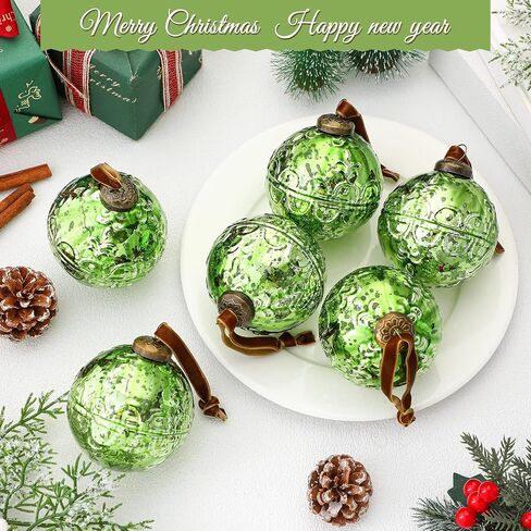Threan 6 Pcs Large Vintage Mercury Glass Christmas Ornaments 3.15" Hanging Christmas Ball Ornaments Antique Embossed Ball Decorations for Xmas Tree Garland Wreath Holiday Decor(Gold,Etched) in Saudi Arabia