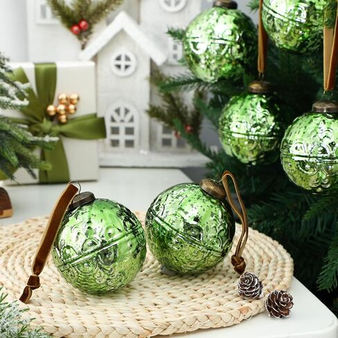 Threan 6 Pcs Large Vintage Mercury Glass Christmas Ornaments 3.15" Hanging Christmas Ball Ornaments Antique Embossed Ball Decorations for Xmas Tree Garland Wreath Holiday Decor(Gold,Etched) in Saudi Arabia