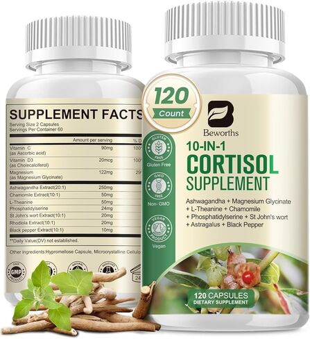 Cortisol Supplements, 10-In-1 Cortisol Reducer with Magnesium, Ashwagandha, L-Theanine, Rhodiola, Lower Cortisol for Women Men - Balanced Cortisol Levels for Stress Manage, Night Support, 120 Capsules in Kuwait