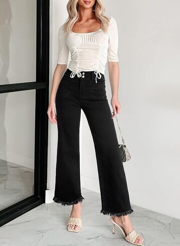 Astylish Womens Wide Leg Jeans High Waisted Double Button Stretchy Frayed Hem Straight Jean Loose Trendy Denim Pants in Saudi Arabia