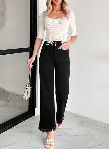 Astylish Womens Wide Leg Jeans High Waisted Double Button Stretchy Frayed Hem Straight Jean Loose Trendy Denim Pants in Saudi Arabia