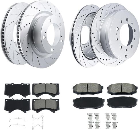 Disc Brake Pads And Rotors Kit, Drilled and Slotted Geomet-Coated Brake Rotors And Ceramic Pads, For Toyota Tundra 2007-21, 2008-22 Sequoia, 2016-21 Land Cruiser, 2016-21 Lexus LX570 (FRONT+REAR) in Saudi Arabia