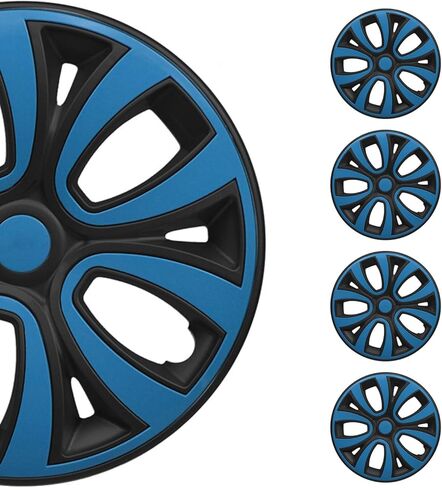 OMAC - Matt Black with Blue Hub Caps 15 Int Set من 4 ، Tapas Para Rines 15 ، يغطي العجلة المتميزة 15 بوصة ، مجموعة غطاء R15 ، المفاجئة على إكسسوارات خارجية بديلة للسيارة. in Kuwait