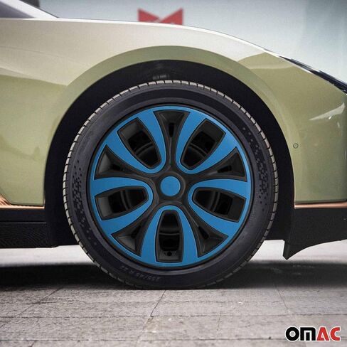OMAC - Matt Black with Blue Hub Caps 15 Int Set من 4 ، Tapas Para Rines 15 ، يغطي العجلة المتميزة 15 بوصة ، مجموعة غطاء R15 ، المفاجئة على إكسسوارات خارجية بديلة للسيارة. in Kuwait