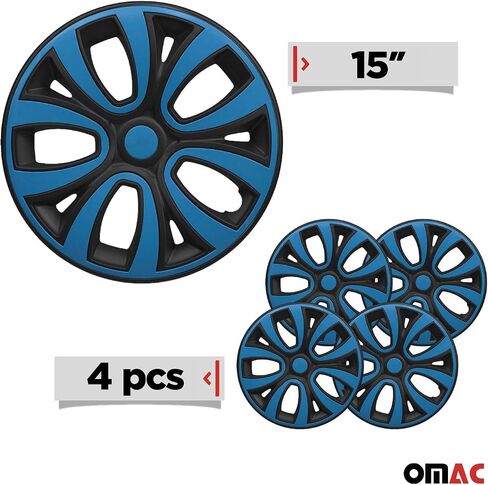 OMAC - Matt Black with Blue Hub Caps 15 Int Set من 4 ، Tapas Para Rines 15 ، يغطي العجلة المتميزة 15 بوصة ، مجموعة غطاء R15 ، المفاجئة على إكسسوارات خارجية بديلة للسيارة. in Kuwait