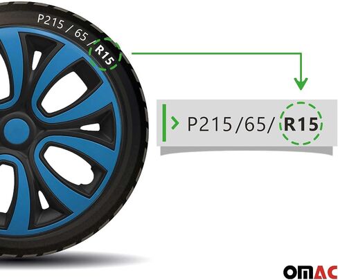 OMAC - Matt Black with Blue Hub Caps 15 Int Set من 4 ، Tapas Para Rines 15 ، يغطي العجلة المتميزة 15 بوصة ، مجموعة غطاء R15 ، المفاجئة على إكسسوارات خارجية بديلة للسيارة. in Kuwait