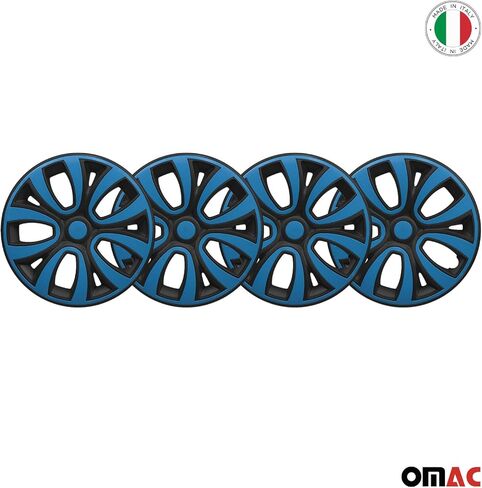 OMAC - Matt Black with Blue Hub Caps 15 Int Set من 4 ، Tapas Para Rines 15 ، يغطي العجلة المتميزة 15 بوصة ، مجموعة غطاء R15 ، المفاجئة على إكسسوارات خارجية بديلة للسيارة. in Kuwait