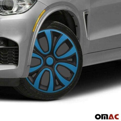OMAC - Matt Black with Blue Hub Caps 15 Int Set من 4 ، Tapas Para Rines 15 ، يغطي العجلة المتميزة 15 بوصة ، مجموعة غطاء R15 ، المفاجئة على إكسسوارات خارجية بديلة للسيارة. in Kuwait