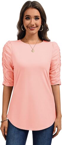 YUCOLEN Women's Crewneck T-Shirt Ruffle Half Sleeve Tops 2025 Casual Curved Hem Blouse Tee Shirts in Kuwait