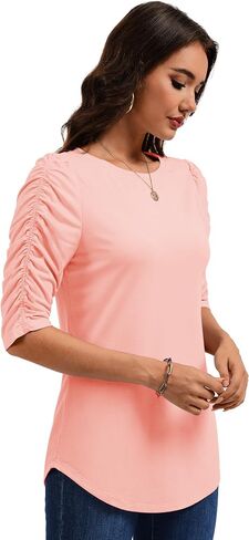 YUCOLEN Women's Crewneck T-Shirt Ruffle Half Sleeve Tops 2025 Casual Curved Hem Blouse Tee Shirts in Kuwait