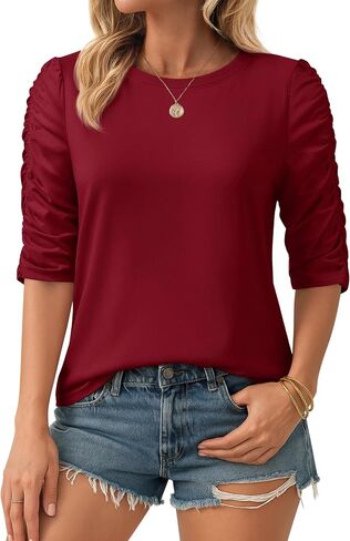 YUCOLEN Women's Crewneck T-Shirt Ruffle Half Sleeve Tops 2025 Casual Curved Hem Blouse Tee Shirts in Kuwait