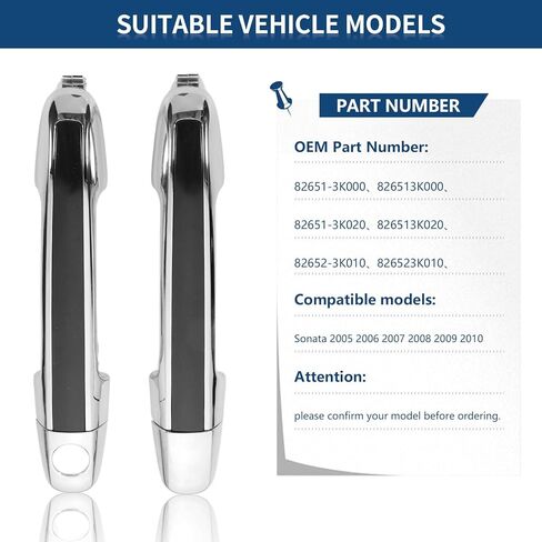4 PCS Chrome Exterior Door Handle fits Sonata 2005 2006 2007 2008 2009 2010 Front & Rear Left Driver & Right Passenger Replaces 82651-3K000， 826513K000, with Black Insert in Kuwait