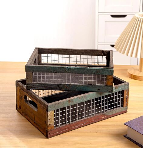 TIMRIS Set of 3 Rustic Wood Nesting Crates, Farmhouse Distressed Wooden Storage Boxes, Decorative Reclaimed Wood Organizer Baskets with Wire Mesh (Random) in Kuwait