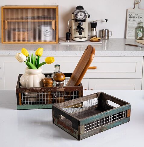 TIMRIS Set of 3 Rustic Wood Nesting Crates, Farmhouse Distressed Wooden Storage Boxes, Decorative Reclaimed Wood Organizer Baskets with Wire Mesh (Random) in Kuwait
