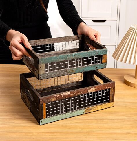 TIMRIS Set of 3 Rustic Wood Nesting Crates, Farmhouse Distressed Wooden Storage Boxes, Decorative Reclaimed Wood Organizer Baskets with Wire Mesh (Random) in Kuwait